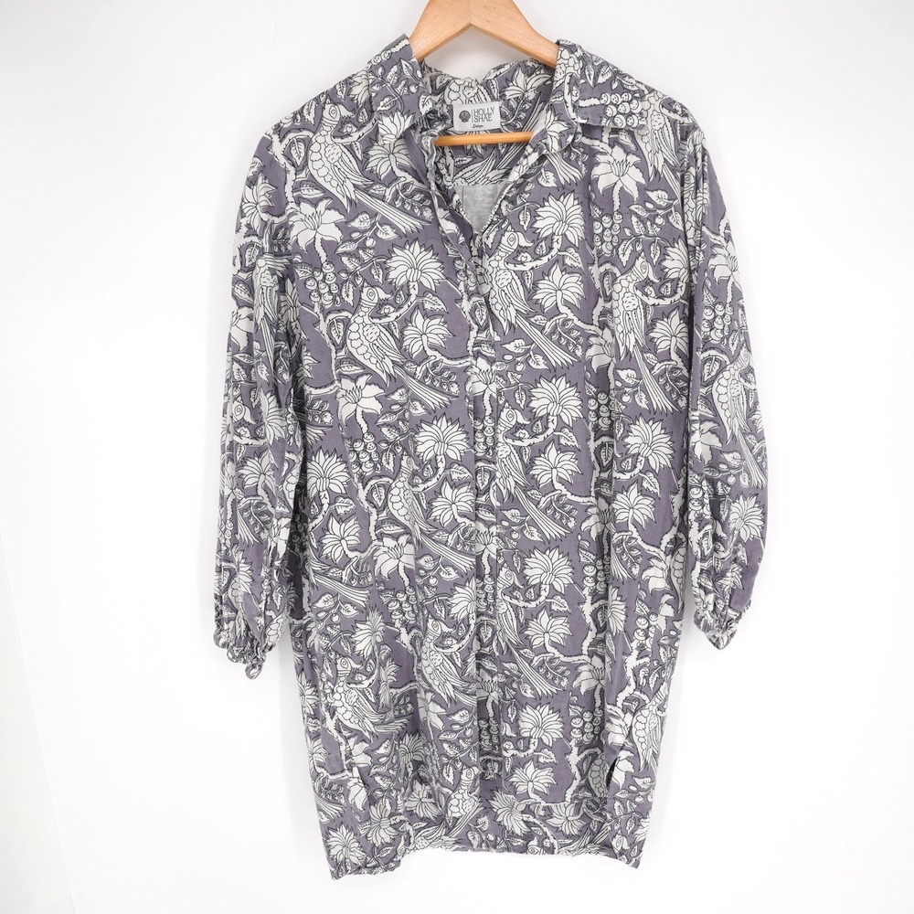 Holly Shae Floral Tunic Cover Up Womens OS Gray 100% Cotton Lined Boho Resort